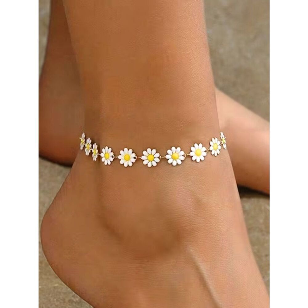 NWT Daisy Flower Chain Charm Anklet Boho Beach Summer Ankle Bracelet Jewelry